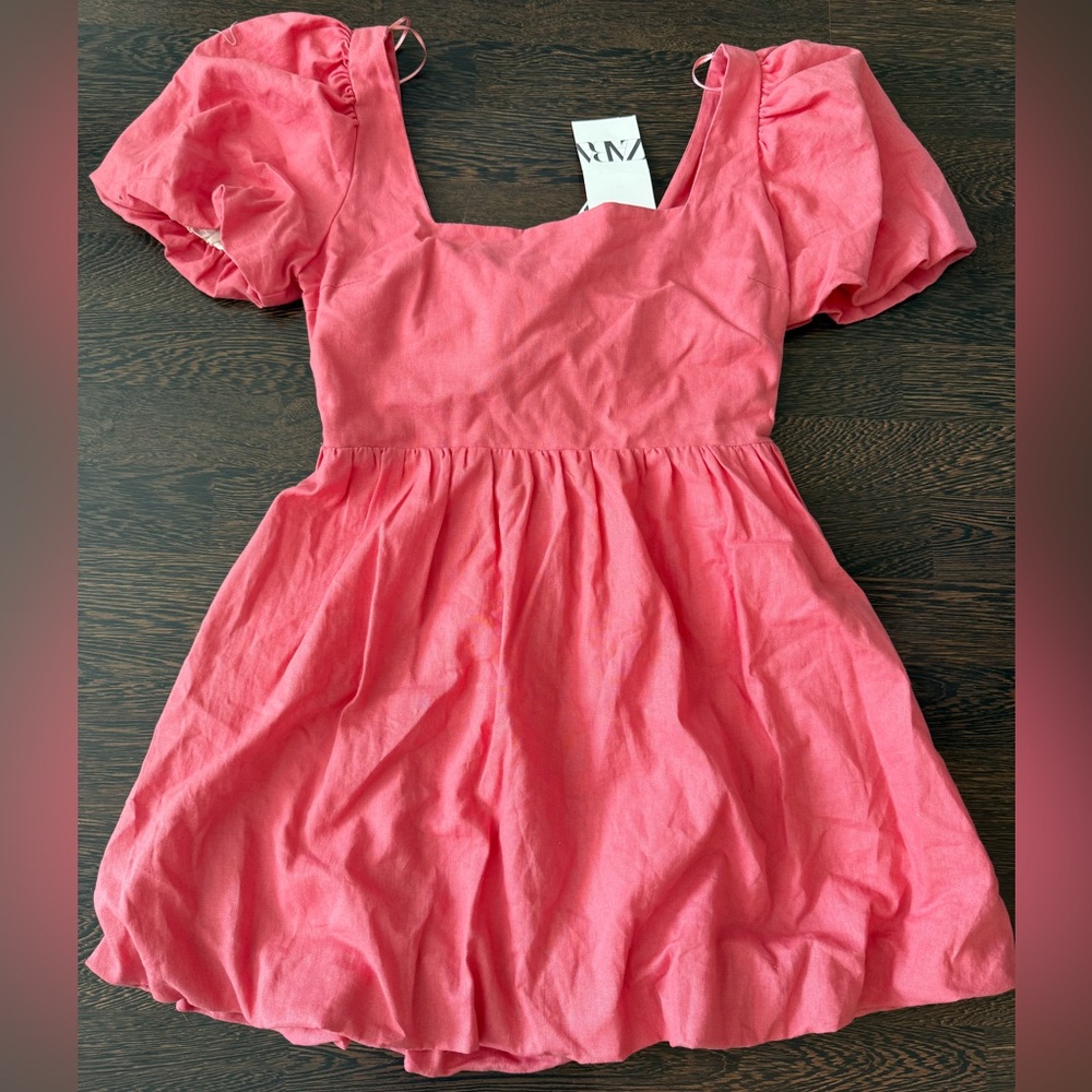 Zara Pink Linen Bubble Dress Cutout Back Bow